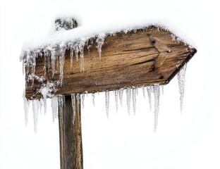 Snow-covered wooden arrow sign with icicles. (1)