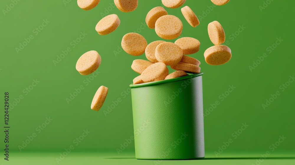Poster green container filled with yellow pills. the pills are scattered all over the container, creating a