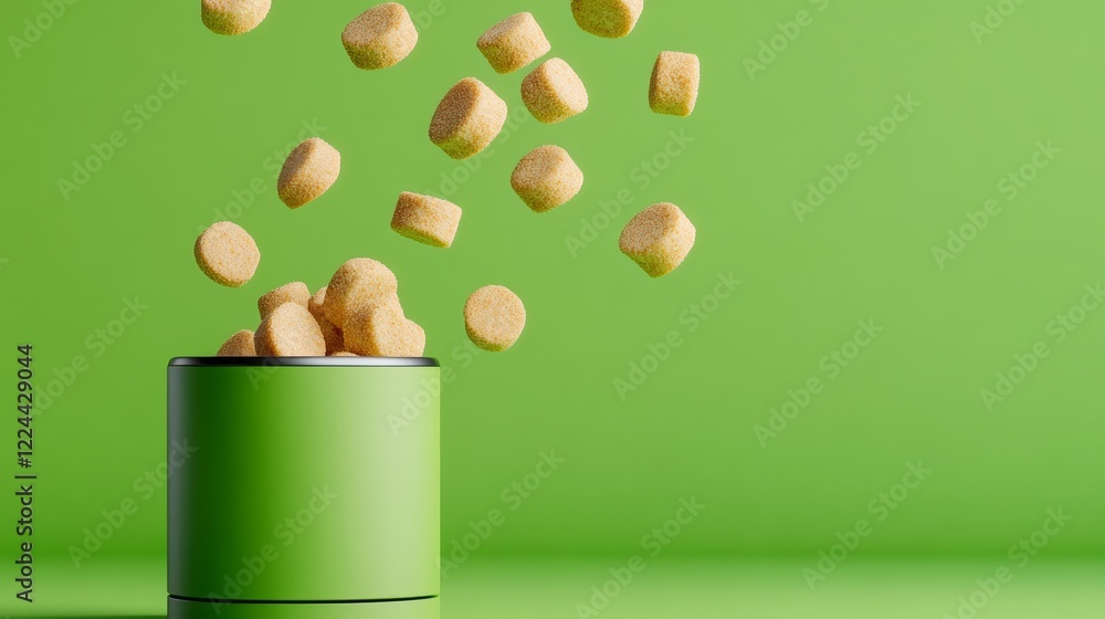 Poster green container with a bunch of small round objects inside. the container is open and the objects ar
