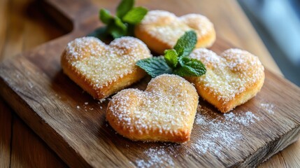 Delightful Heart-Shaped Cookies with Mint on Wooden Board