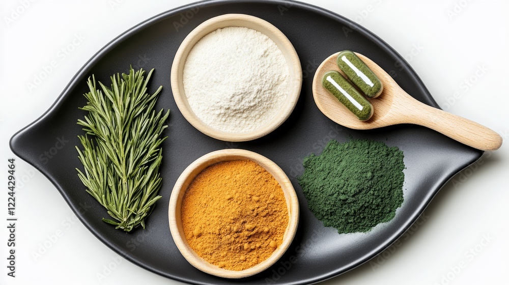 Poster black tray with three bowls of different colored powders and a spoon. the tray is arranged in a way 