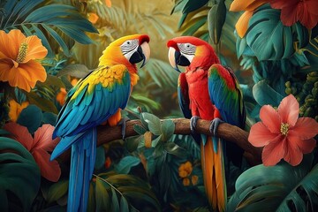 Obraz premium Tropical Rainforest Scene with Colorful Macaws Perched on Branch Surrounded by Exotic Foliage and Blooms