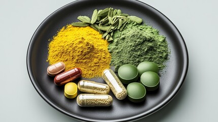 Black plate with a variety of pills and powders on it. The pills are in different colors and sizes, and the powders are in different shapes and sizes as well. The plate is placed on a white surface