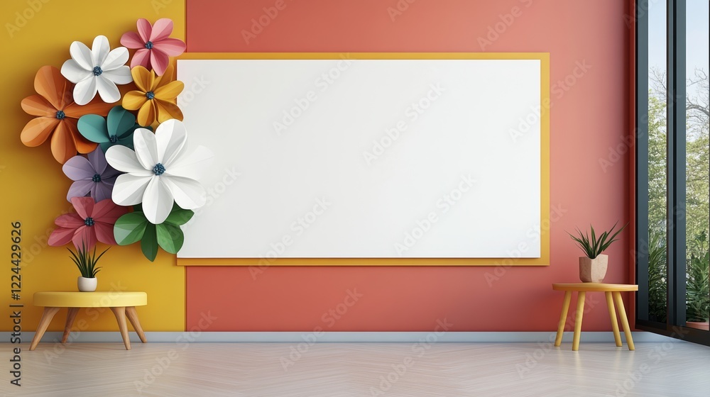 Poster white board with a colorful border and a bunch of flowers on it. the board is empty and the room is 