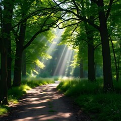 Obraz premium Secluded Forest Trail with Sunlit Canopy