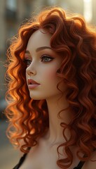 Fototapeta premium Red curly hair mannequin in golden sunlight outdoors