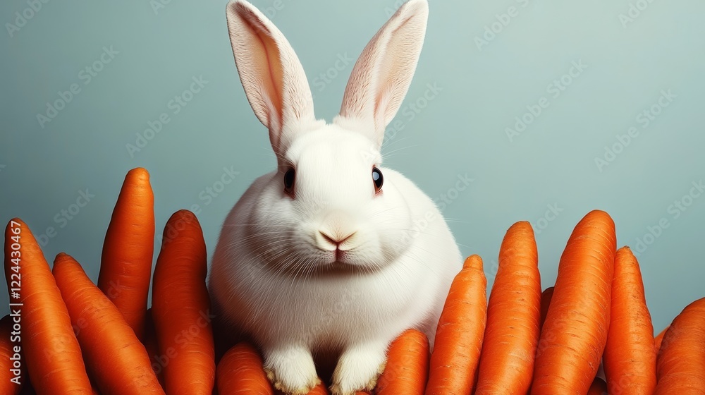 Poster white rabbit is sitting on top of a pile of carrots. the rabbit is looking at the camera with a curi