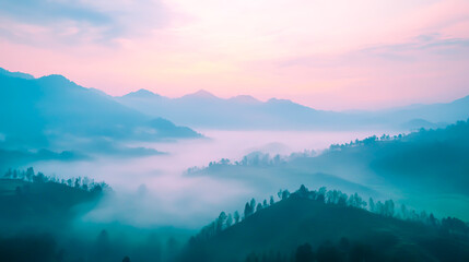 Beautiful foggy sunrise in countryside with soft pastel sky