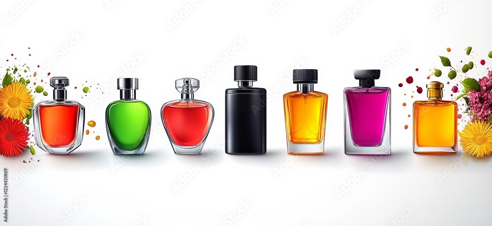Poster row of perfume bottles with different colors and shapes. the bottles are arranged in a line, with so