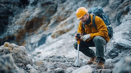 Geologist using core drilling equipment for soil analysis in a rocky terrain, wearing a safety helmet and backpack