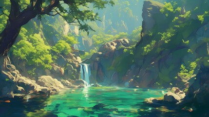 A fantasy landscape of an emerald lake in the middle of a dense forest, with a waterfall flowing into it