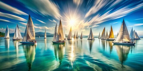 Fototapeta premium Azure Regatta: Long Exposure Sailboat Race Photography