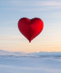 Fototapeta premium Valentines Day Aesthetic Giant Heart Balloon Over Snowy Hills at Sunset - Romantic Winter Scenic for Event Marketing and Digital Storytelling