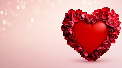 Heart made of red roses is the main focus of the image. The heart is surrounded by a pink background, which adds a romantic and sentimental touch to the scene