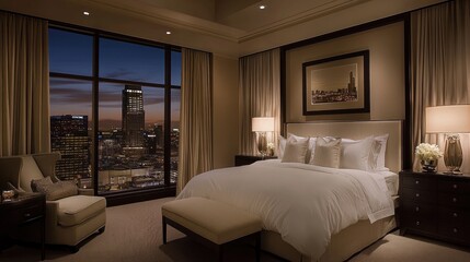 Lavish master bedroom at night with king-sized bed and city view through large windows