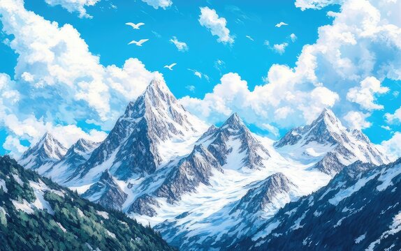 Majestic snow-capped mountains under a bright blue sky with fluffy clouds and soaring birds