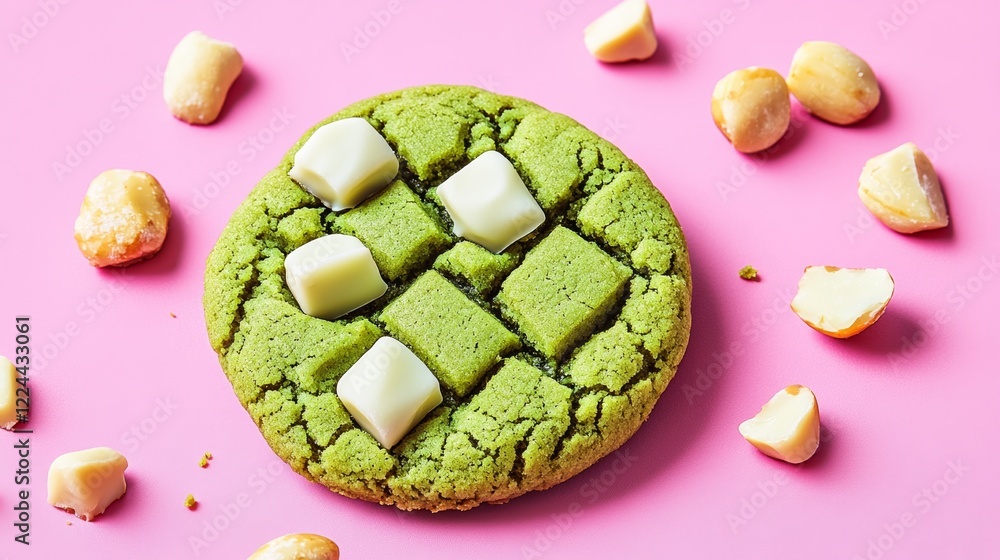 Aufkleber green cookie with white icing and white squares on it. there are also some nuts on the table