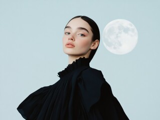 Refined Ramadan Glamour Moonlit Elegance with Black Silk Abaya for Cultural Fashion Events and Holiday Campaigns in Spring 2024