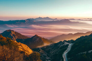 Fototapeta premium Mountain landscape with fog in the morning. Colorful sunrise in the mountains.