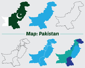 Pakistan map set. internal provinces borders marked, Simple map of Pakistan vector drawing.