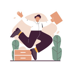 Happy business employees - character of a men jumping in the air cheerfully. Modern flat vector concept illustration of a happy jumping office workers. Feeling and emotion concept.