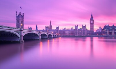Naklejka premium Westminster Bridge and Big Ben at dawn, London UK. Serene cityscape, ideal for travel promotion