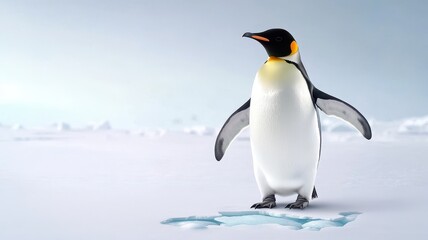 Fototapeta premium A solitary emperor penguin stands on icy terrain, showcasing its distinctive black and white plumage against a soft, cold backdrop.
