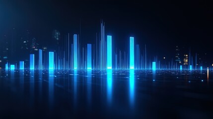 Electric blue glowing bar chart with sharp reflections, set in a dark high-tech space