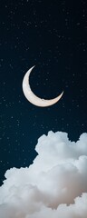 Naklejka premium Modern Ramadan Aesthetic Glowing Crescent Moon and Ethereal Clouds - Spiritual Sky Setting for Event Design and Marketing Visuals