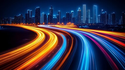 Fototapeta premium City skyline is lit up with neon lights, creating a vibrant and energetic atmosphere. The bright lights reflect off the cars on the highway, making the scene look like a colorful