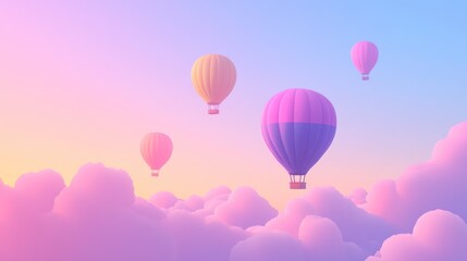 Fototapeta premium Pastel hot air balloons soar above dreamy clouds at sunrise; idyllic travel poster (1)