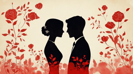 Romantic silhouette portraits of a couple amidst floral design love theme artistic background
