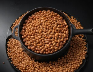 Obraz premium Golden brown baked beans in a darkened black skillet, caramelized, wood grain background