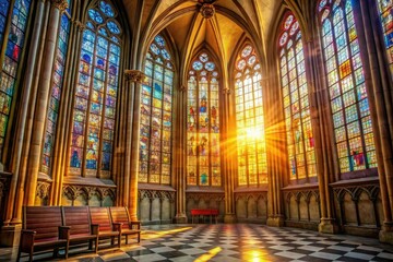 Obraz premium Golden hour sunlight filters through a stained glass window in a majestic cathedral, cathedral, colors, hues, gold texture, grandeur