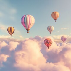 Obraz premium Colorful hot air balloons soar above fluffy clouds at sunset, ideal for travel posters