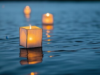 Floating Lanterns Lighting Up Calm Water Surface at Dusk