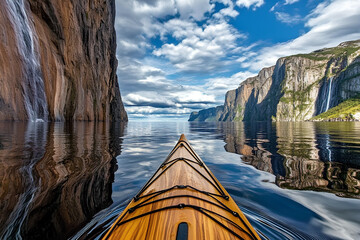 Canoeing on a lake in Glacier National Park, Montana, United States, surrounded by majestic...