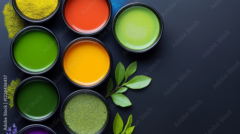 Poster row of bowls with different colored liquids and a leaf in the middle. the bowls are arranged in a wa
