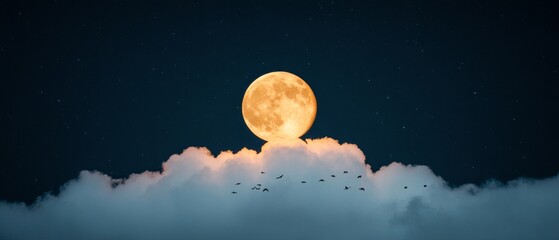 Celestial Minimalism March Full Moon with Migrating Birds Over Cloud Arc - Lunar Celebration and Spring Equinox Imagery for Eco-Friendly Event Design and Weather Monitoring