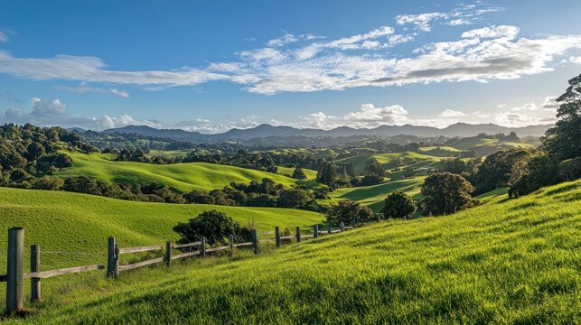 Sunny valley farmland scenic view, rolling hills, fence, pastoral