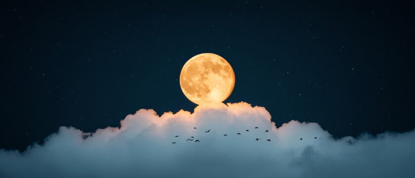 Celestial Minimalism March Full Moon with Migrating Birds Over Cloud Arc - Lunar Celebration and Spring Equinox Imagery for Eco-Friendly Event Design and Weather Monitoring - Powered by Adobe
