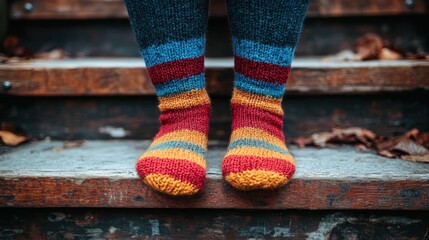 Colorful knitted socks climbing vintage wooden stairs in a serene setting