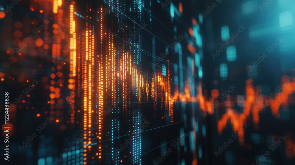 Poster abstract data visualization: dynamic orange and teal digital streams
