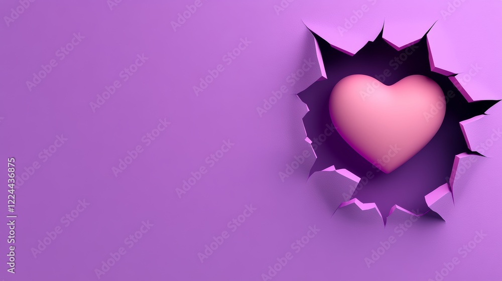 Poster heart is displayed in a purple background with a hole in it. the heart is pink and the background is