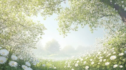 Fototapeta premium Spring blossoms frame misty meadow sunrise, idyllic nature scene, website banner