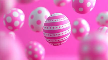 Bunch of pink and white eggs are floating in the air. The pink and white eggs are decorated with polka dots