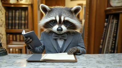 A raccoon wearing a gray suit and bow tie, holding a small business notebook on a marble desk