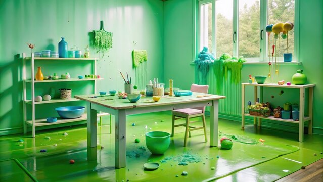 green mint colored room with a table in the center covered in various colored slimes and slime tools, slime making, fun and playful scene, artsy atmosphere, DIY materials
