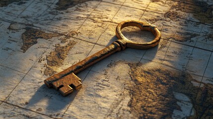 Antique key on world map, adventure concept, global travel