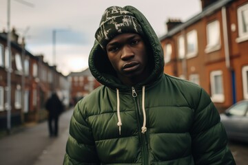 A man wearing a green jacket and a green beanie is standing on a street